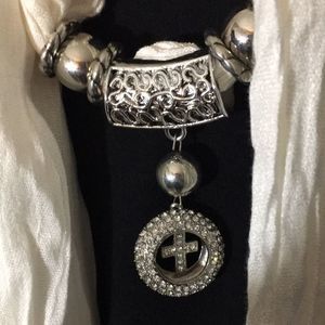 White Fringe Scarf/Necklace W/Silver Rhinestone Cross Medallion & Bead Slider